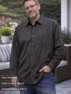 Van Heusen Dark Gray & black Striped Shirt LARGE button up & collard